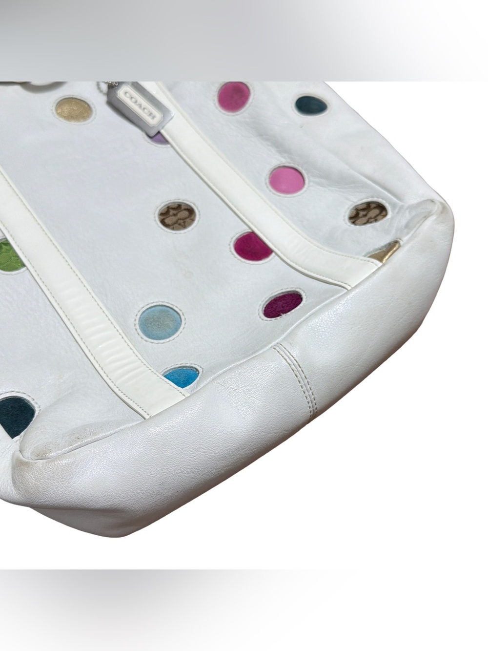 Coach β’ 9763 White Leather Multicolor Polka Dot Gallery Tote Shoulder Bag Y2K - Picture 8 of 16